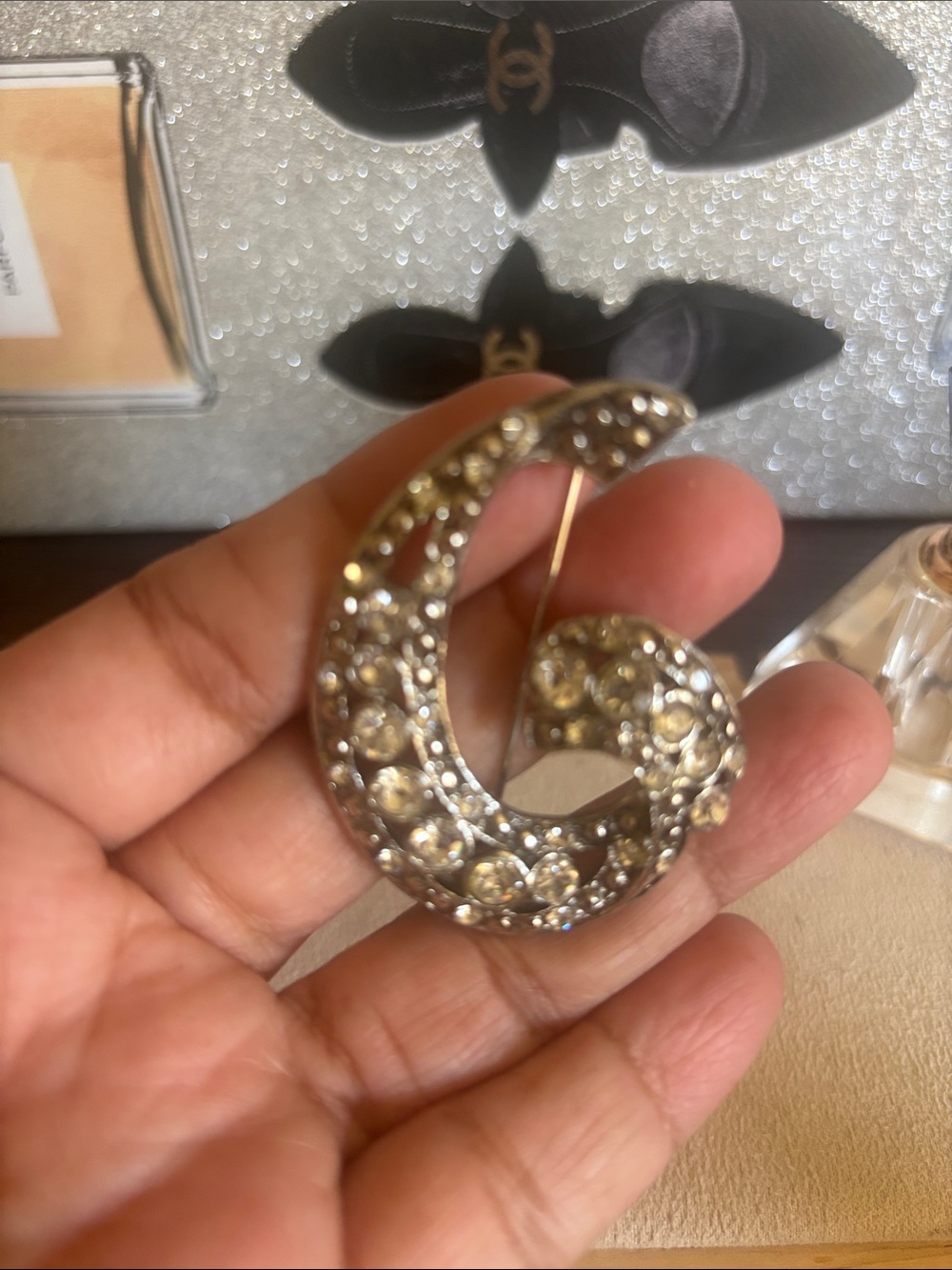 Rhinestone Crescent Swirl Brooch - Silver Tone